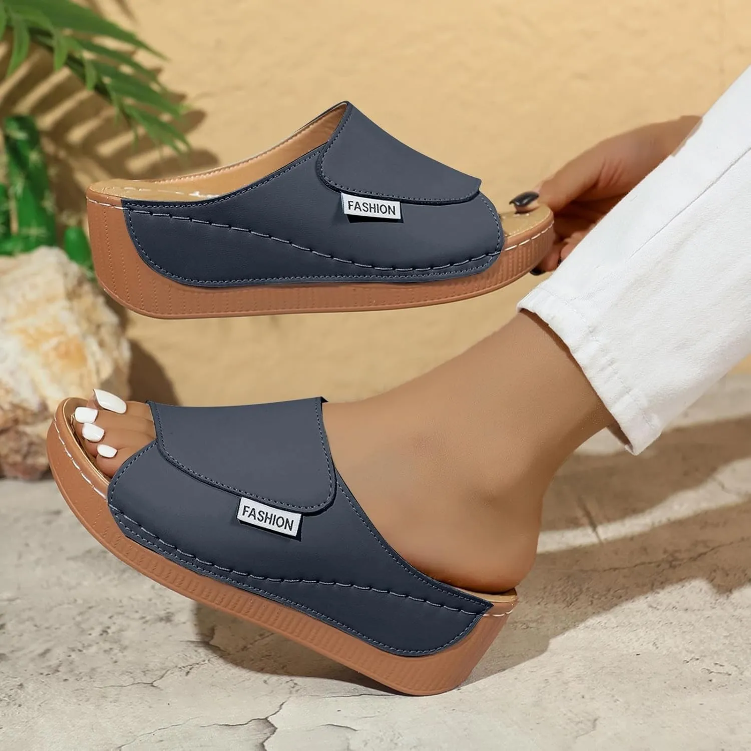 Comfortable Arch Support Slides Women 2025 Summer Orthotic Leather Platform Wedge Sandals Slip on Casual Walking Shoes