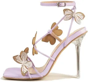 keleimusi Womens Butterfly Heeled Sandals Strappy Clear High Heels