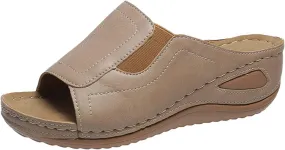 Orthopedic Sandals for Women Summer Wedge Platform Sandals Slip on Wide Width Leather Wedges, Comfortable Beach Walking Silppers All Day Comfort with Arch Support