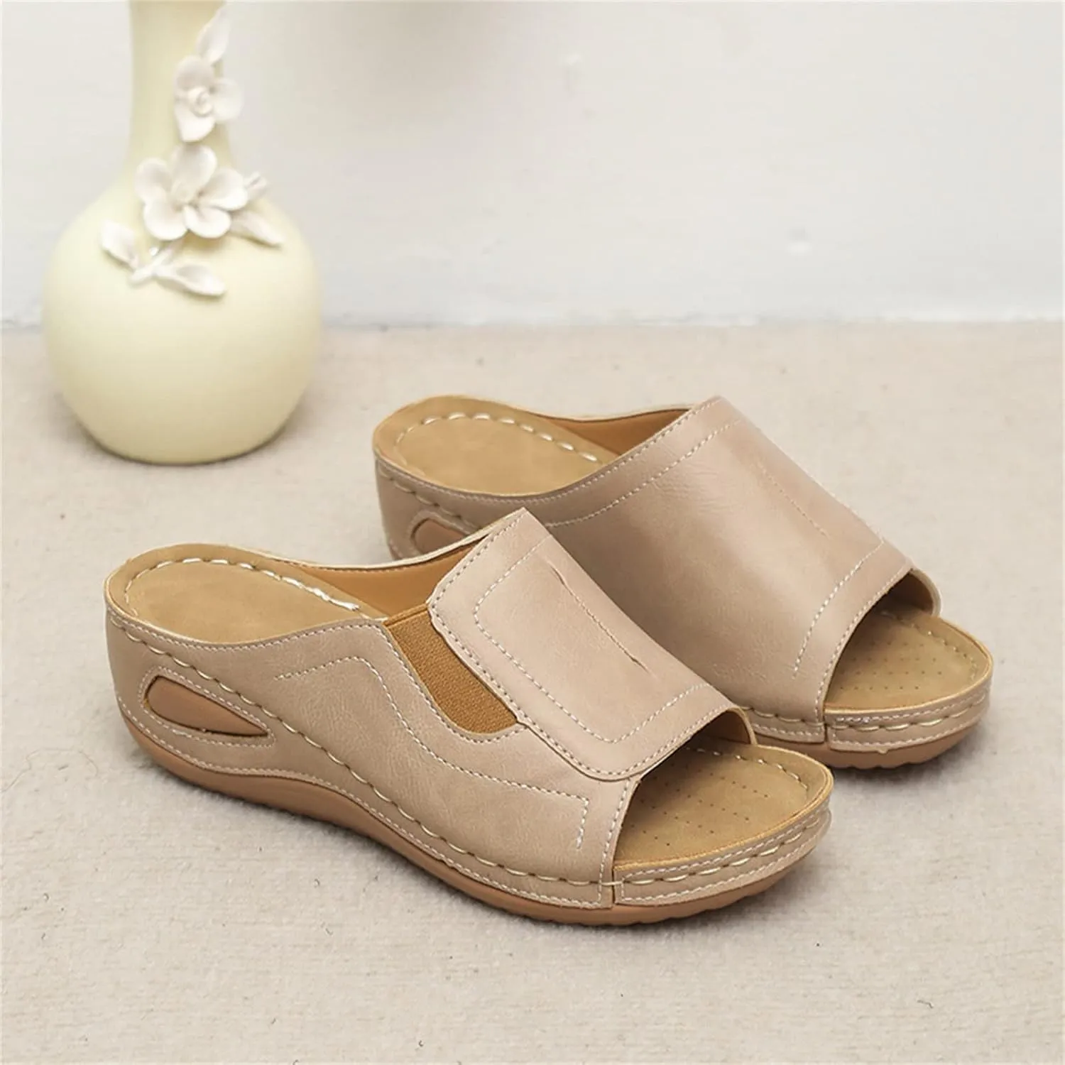 Orthopedic Sandals for Women Summer Wedge Platform Sandals Slip on Wide Width Leather Wedges, Comfortable Beach Walking Silppers All Day Comfort with Arch Support