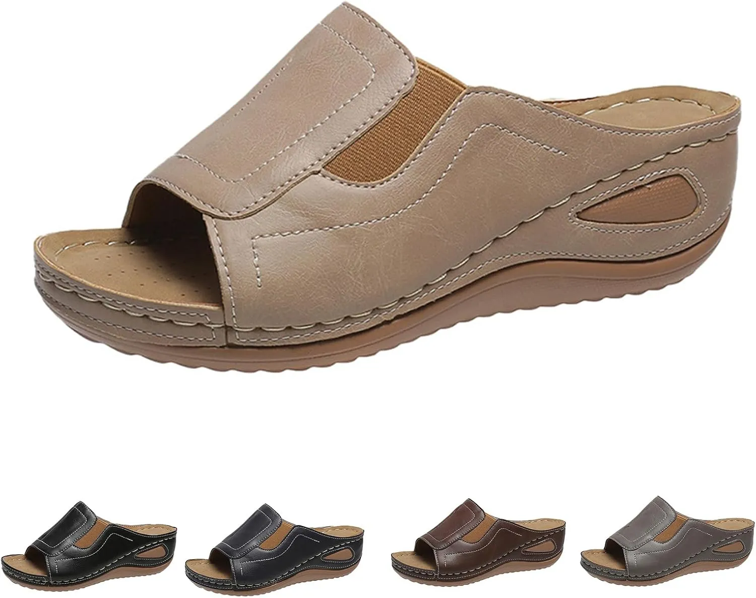 Orthopedic Sandals for Women Summer Wedge Platform Sandals Slip on Wide Width Leather Wedges, Comfortable Beach Walking Silppers All Day Comfort with Arch Support
