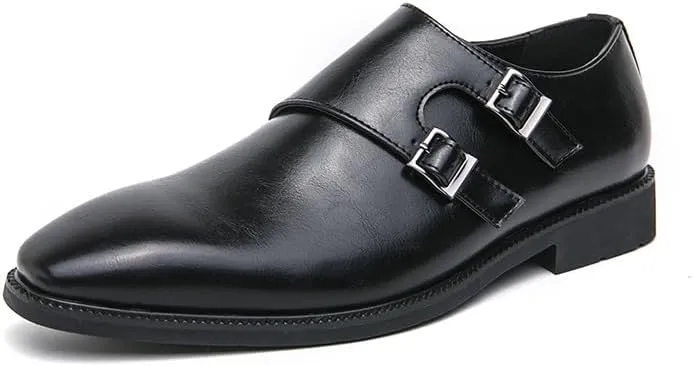 Oxford Formal Shoes for Men Slip On Pointed Toe PU Leather Double Monk Strap Non Slip Anti-Slip Low Top Slip Resistant Rubber Sole Outdoor