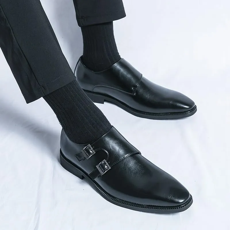 Oxford Formal Shoes for Men Slip On Pointed Toe PU Leather Double Monk Strap Non Slip Anti-Slip Low Top Slip Resistant Rubber Sole Outdoor