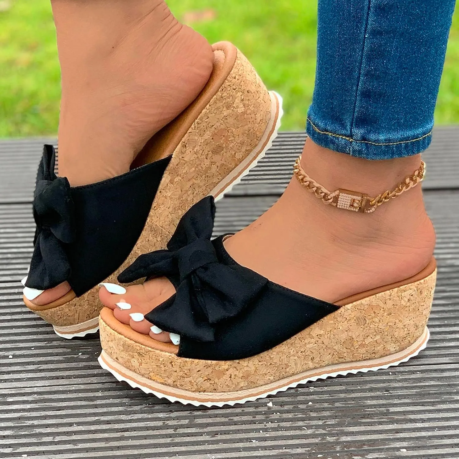 Platform Slip On Sandals for Women, Leopard Bow Decoration Walking Slippers, Casual Wedge Sandals, Dressy Vacation Sandal, Comfortable Open Toe Slippers Breathable Summer Shoes Barefoot Footwear