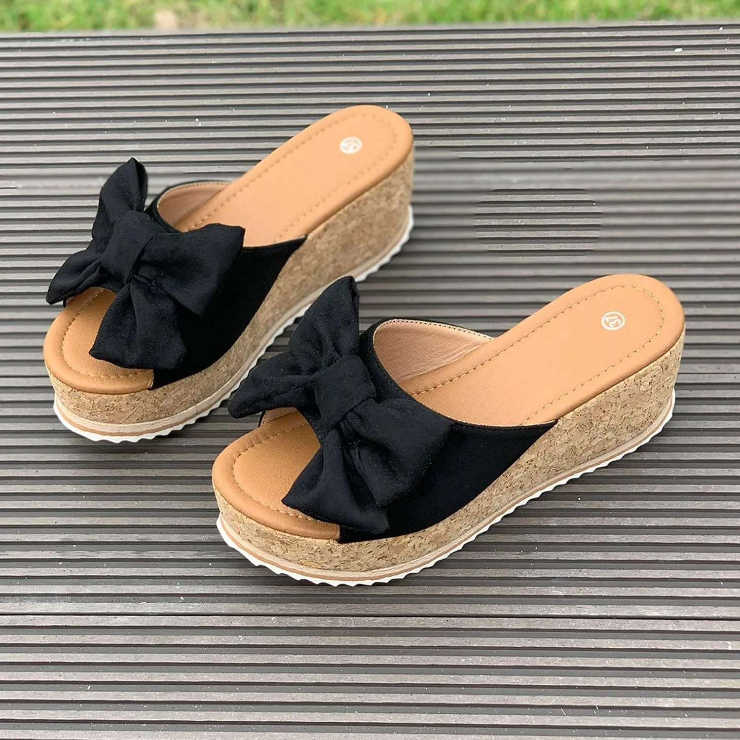 Platform Slip On Sandals for Women, Leopard Bow Decoration Walking Slippers, Casual Wedge Sandals, Dressy Vacation Sandal, Comfortable Open Toe Slippers Breathable Summer Shoes Barefoot Footwear