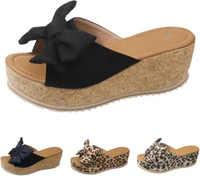 Platform Slip On Sandals for Women, Leopard Bow Decoration Walking Slippers, Casual Wedge Sandals, Dressy Vacation Sandal, Comfortable Open Toe Slippers Breathable Summer Shoes Barefoot Footwear