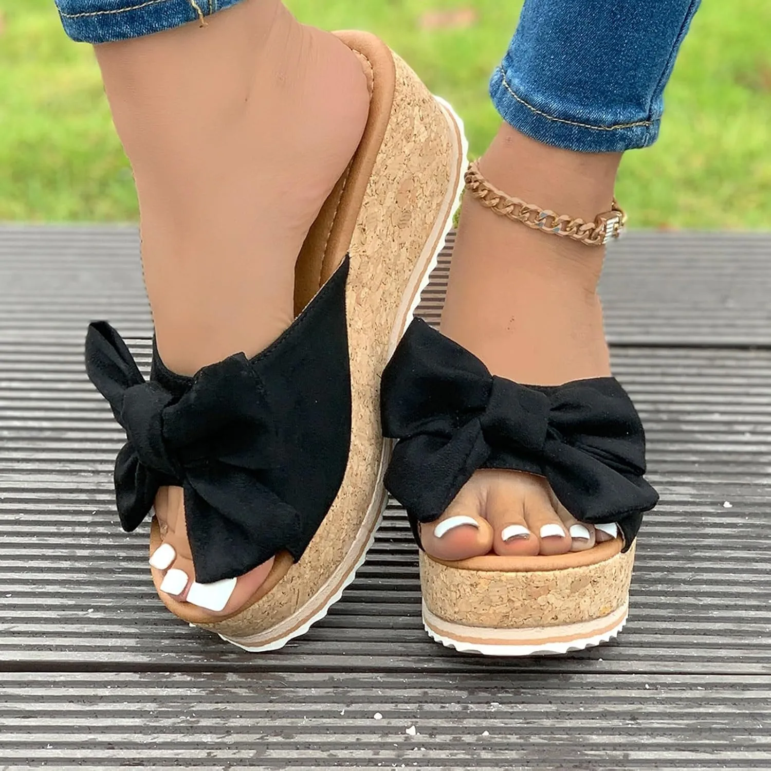 Platform Slip On Sandals for Women, Leopard Bow Decoration Walking Slippers, Casual Wedge Sandals, Dressy Vacation Sandal, Comfortable Open Toe Slippers Breathable Summer Shoes Barefoot Footwear