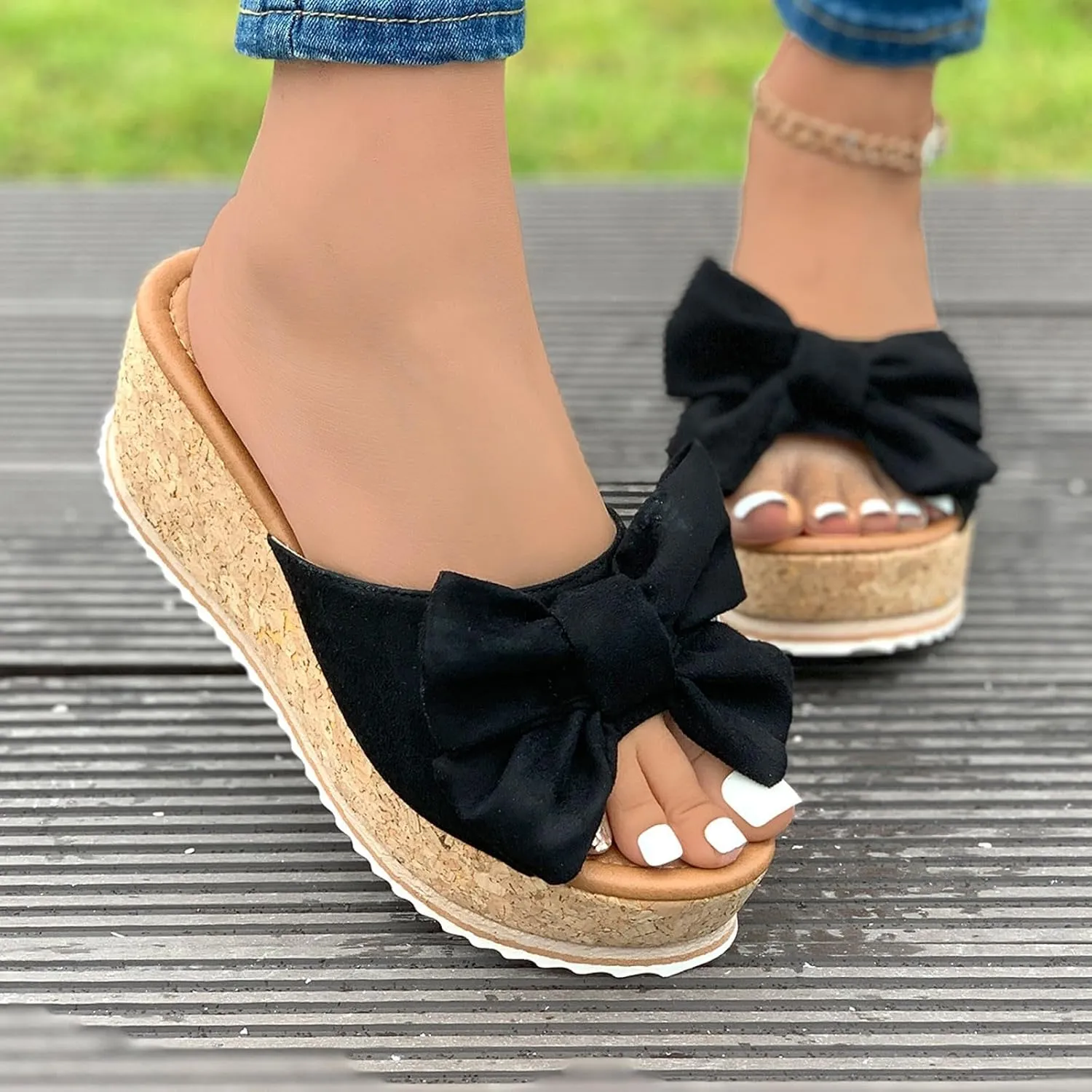 Platform Slip On Sandals for Women, Leopard Bow Decoration Walking Slippers, Casual Wedge Sandals, Dressy Vacation Sandal, Comfortable Open Toe Slippers Breathable Summer Shoes Barefoot Footwear