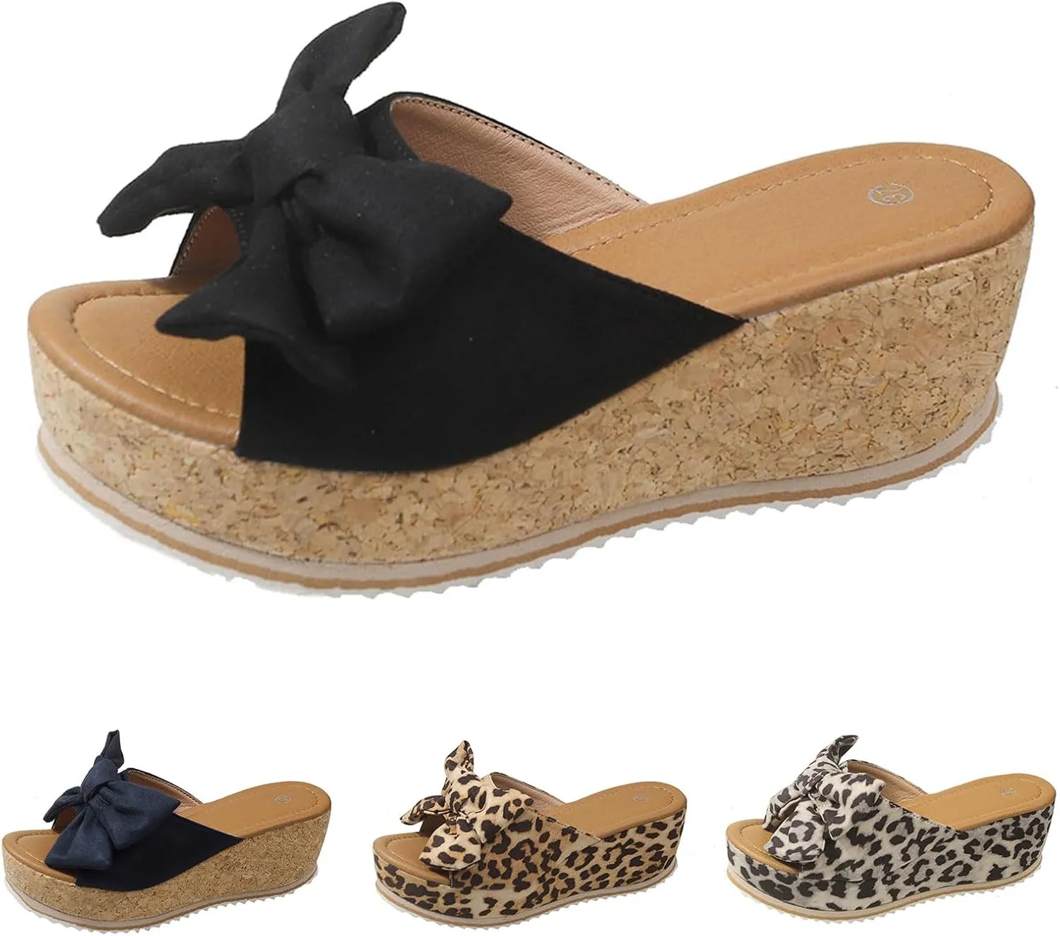 Platform Slip On Sandals for Women, Leopard Bow Decoration Walking Slippers, Casual Wedge Sandals, Dressy Vacation Sandal, Comfortable Open Toe Slippers Breathable Summer Shoes Barefoot Footwear