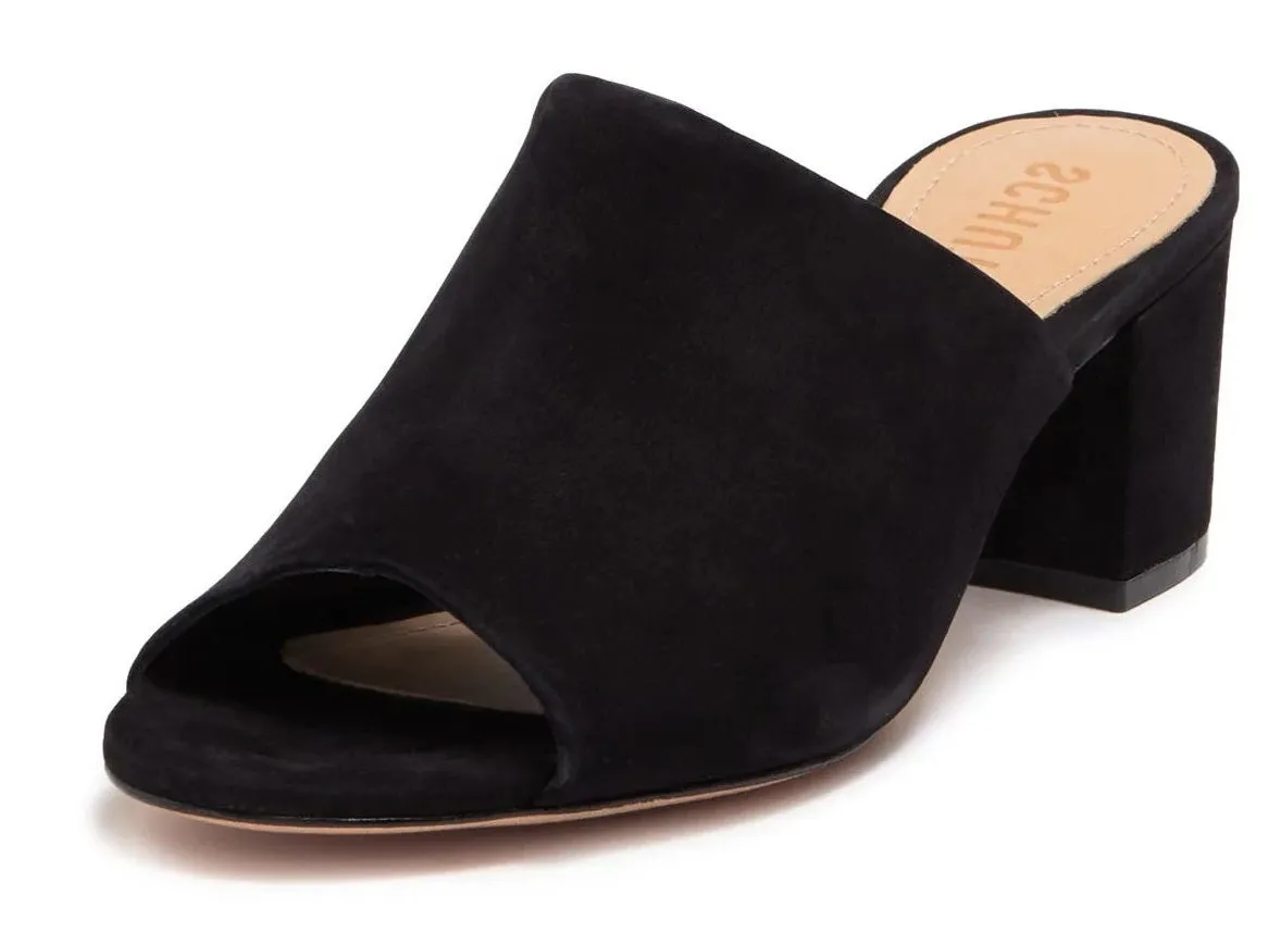 Schutz Timon Black Suede Stacked Heel Peep Toe Slide On Block Fashion Sandals