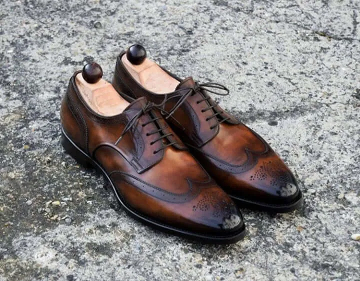 Stylish Handmade Men's Brown Color Leather Wing Tip Brogue Dress Formal Lace Up Shoes