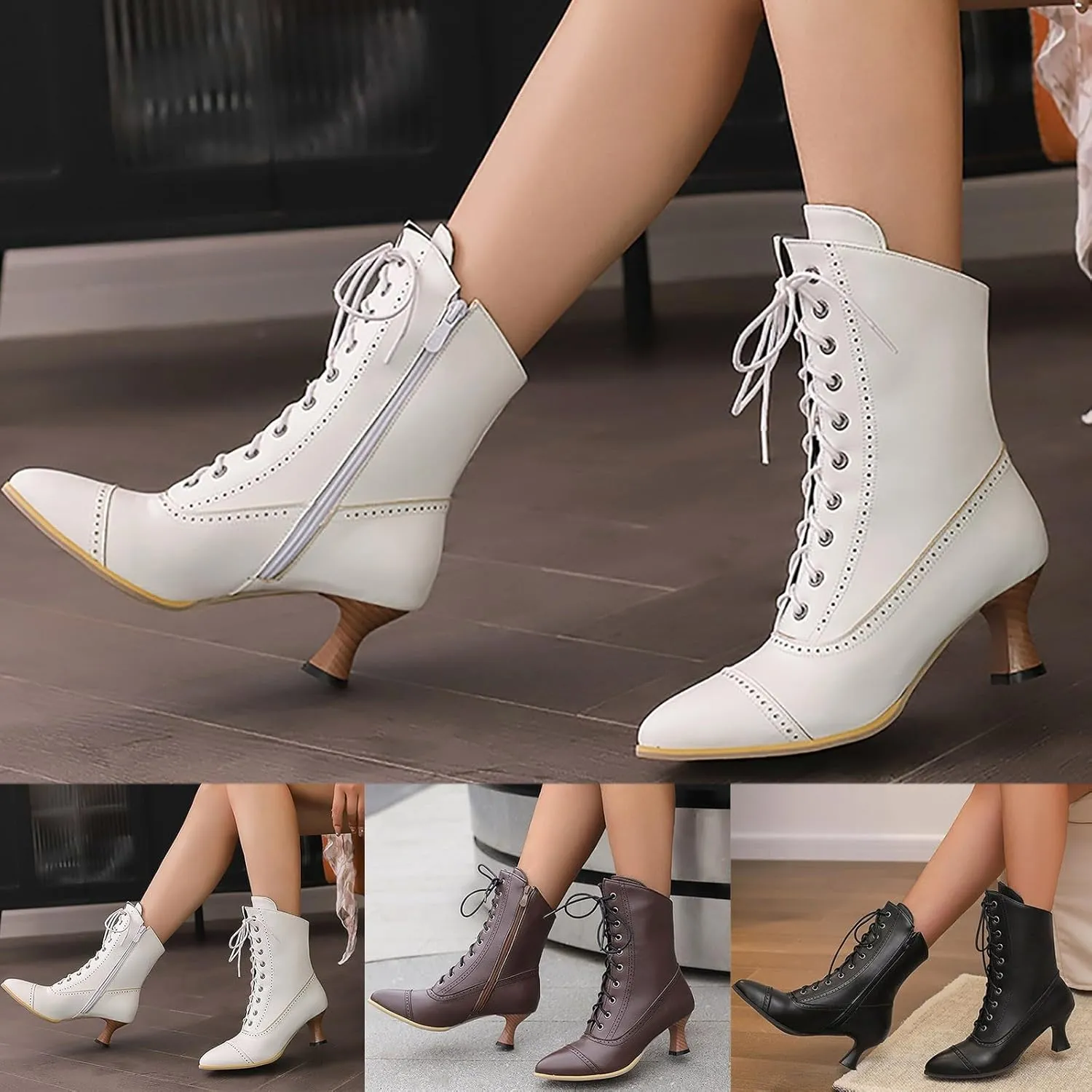 Wide Calf Boots for Women Wide Calf Boots Fashion Vintage Pointed Toe Kitten Heel Lace up Side Zipper PU Mid Boots