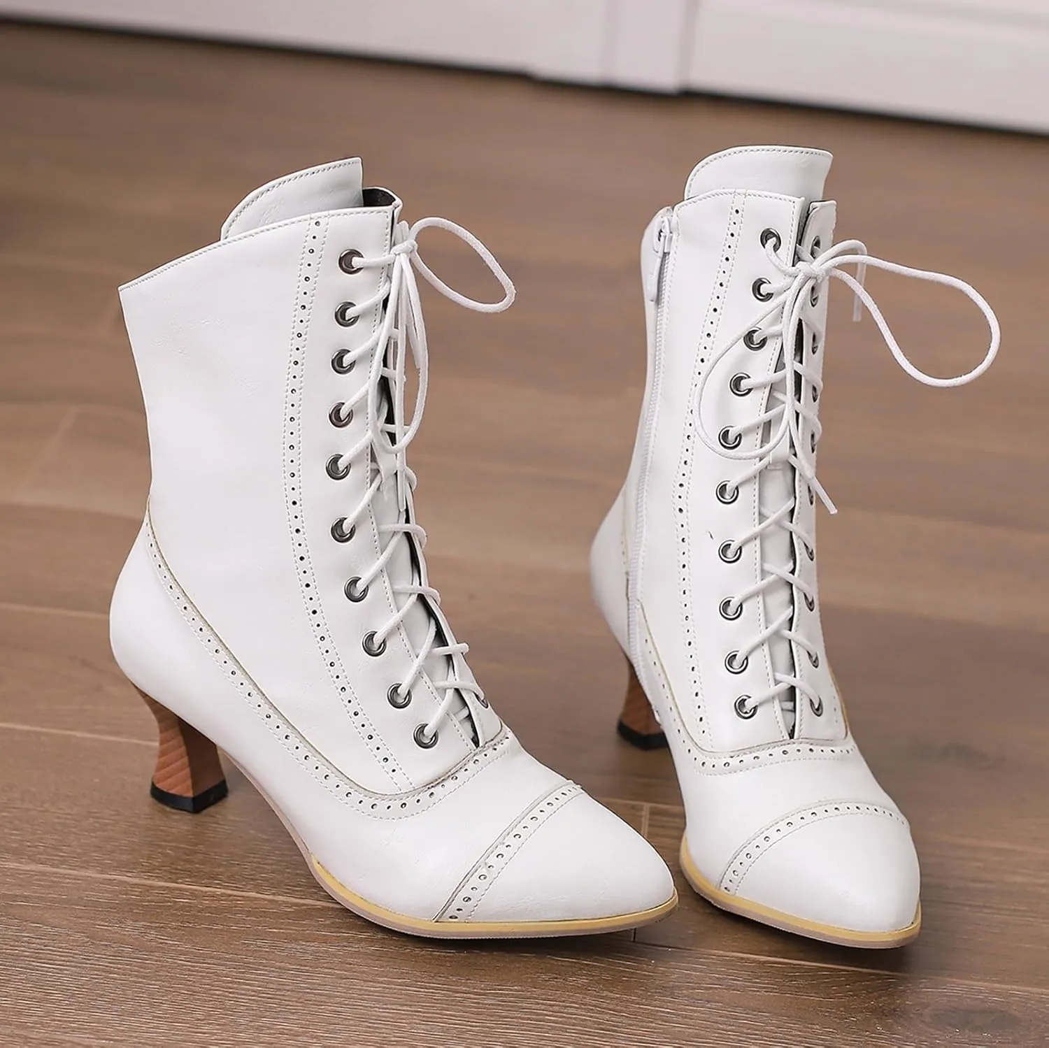 Wide Calf Boots for Women Wide Calf Boots Fashion Vintage Pointed Toe Kitten Heel Lace up Side Zipper PU Mid Boots