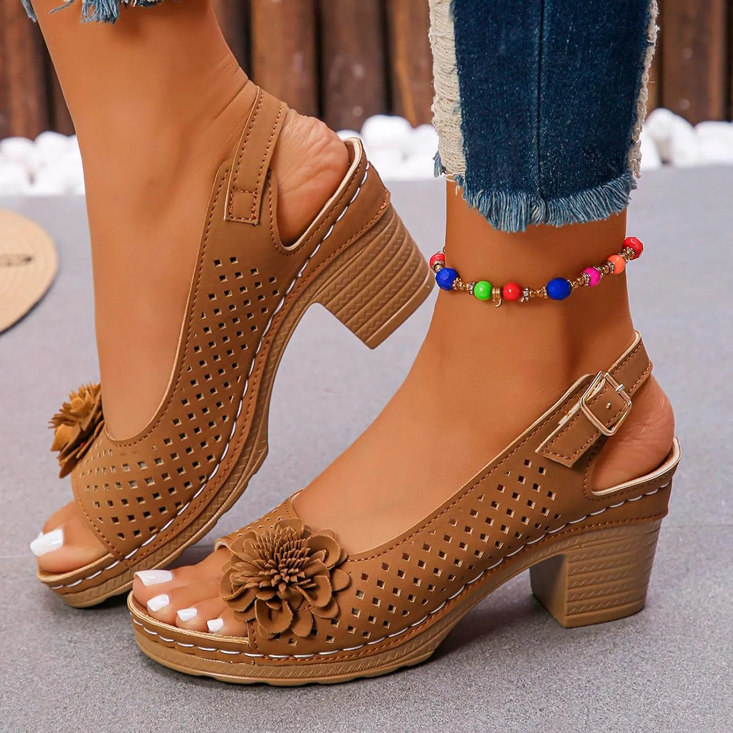 Womens Chunky High Block Heels Sandals Buckled Square Non Slip Beach Sandal Fish Mouth Flowers Sandals Elegant Flowers Decor Hollow Out Sandal with Adjustable Buckle Straps