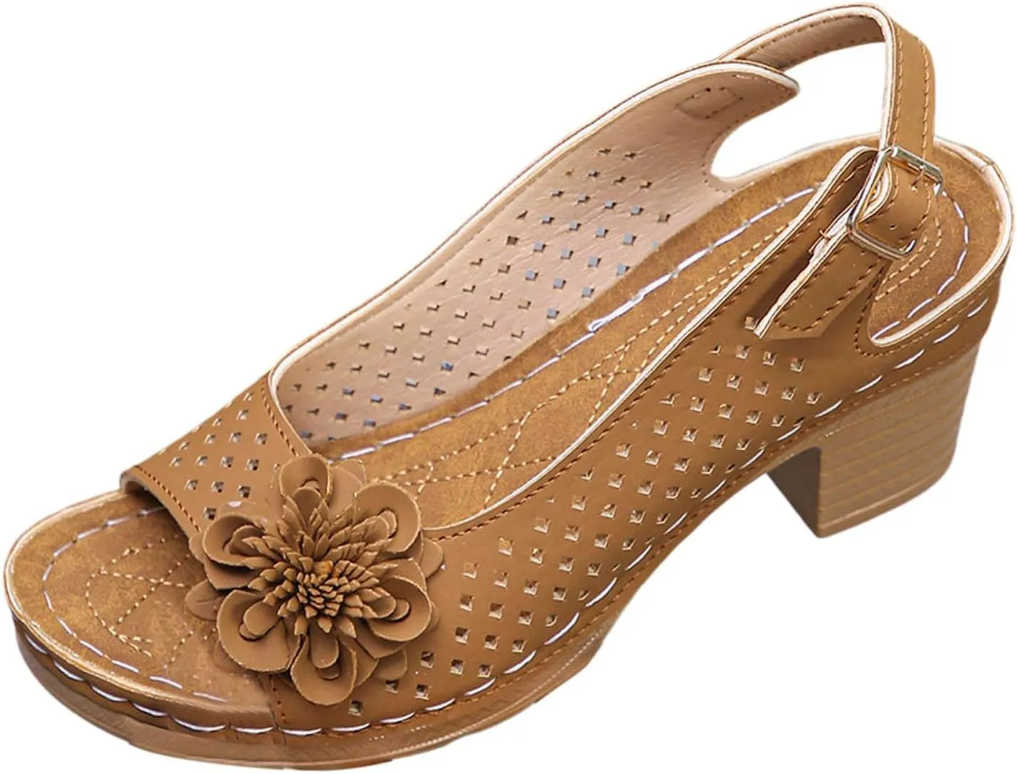 Womens Chunky High Block Heels Sandals Buckled Square Non Slip Beach Sandal Fish Mouth Flowers Sandals Elegant Flowers Decor Hollow Out Sandal with Adjustable Buckle Straps