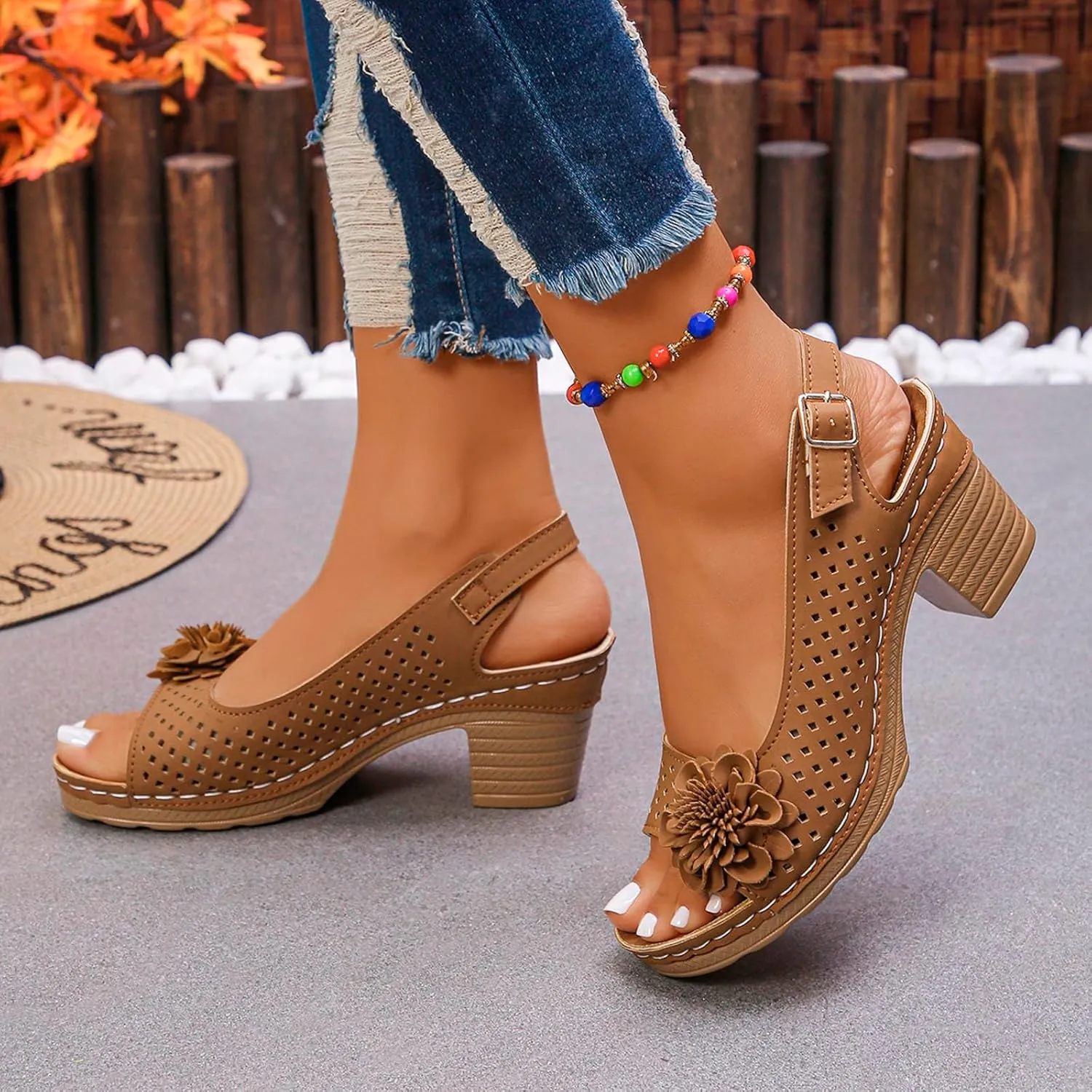 Womens Chunky High Block Heels Sandals Buckled Square Non Slip Beach Sandal Fish Mouth Flowers Sandals Elegant Flowers Decor Hollow Out Sandal with Adjustable Buckle Straps