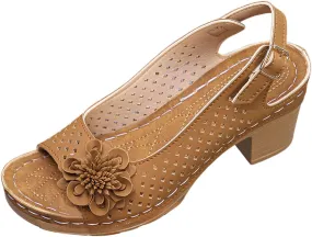 Womens Chunky High Block Heels Sandals Buckled Square Non Slip Beach Sandal Fish Mouth Flowers Sandals Elegant Flowers Decor Hollow Out Sandal with Adjustable Buckle Straps