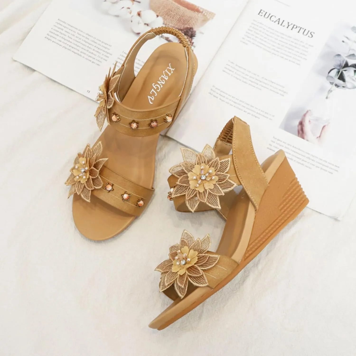 Womens Wedge Sandals Elastic Ankle Straps Open Toe Elegant Thick Soles Comfortable Platform Women Strap Casual Dressy Bohemian Flower Wedges Shoes Summer Low Heels