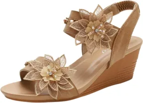 Womens Wedge Sandals Elastic Ankle Straps Open Toe Elegant Thick Soles Comfortable Platform Women Strap Casual Dressy Bohemian Flower Wedges Shoes Summer Low Heels