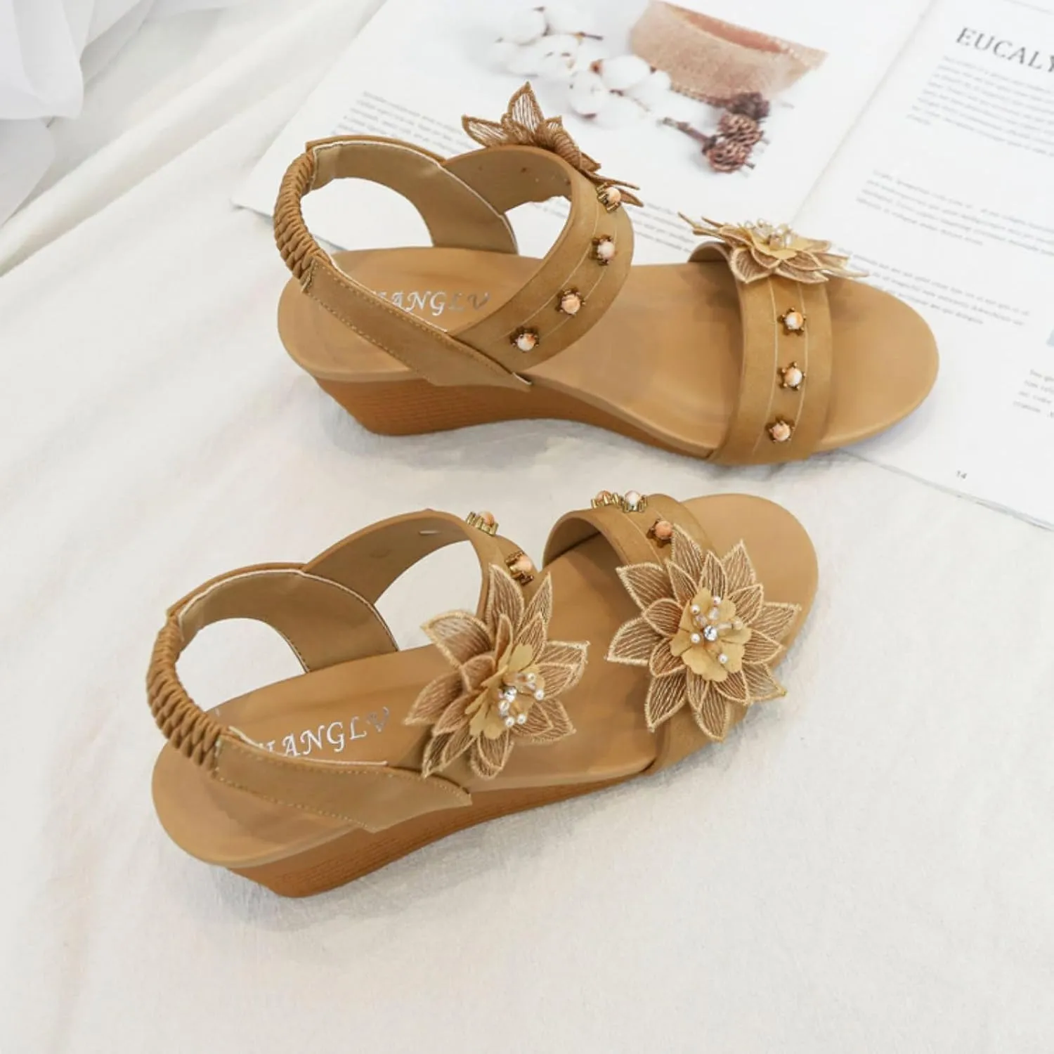 Womens Wedge Sandals Elastic Ankle Straps Open Toe Elegant Thick Soles Comfortable Platform Women Strap Casual Dressy Bohemian Flower Wedges Shoes Summer Low Heels