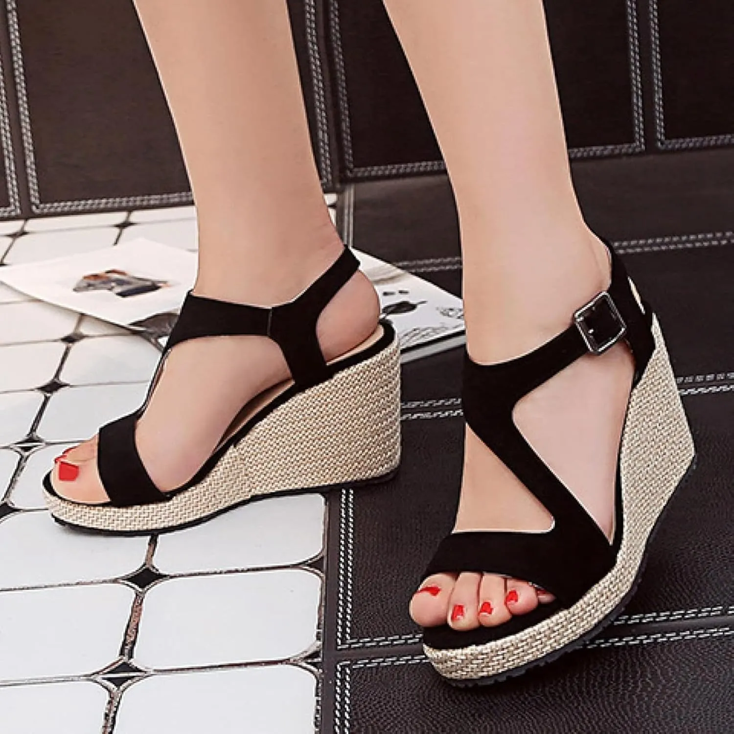 Women's Wedge Sandals with Ankle Straps, Summer Formal Shoes, Open Toed Platform Sandals, Outdoor Canvas Shoes