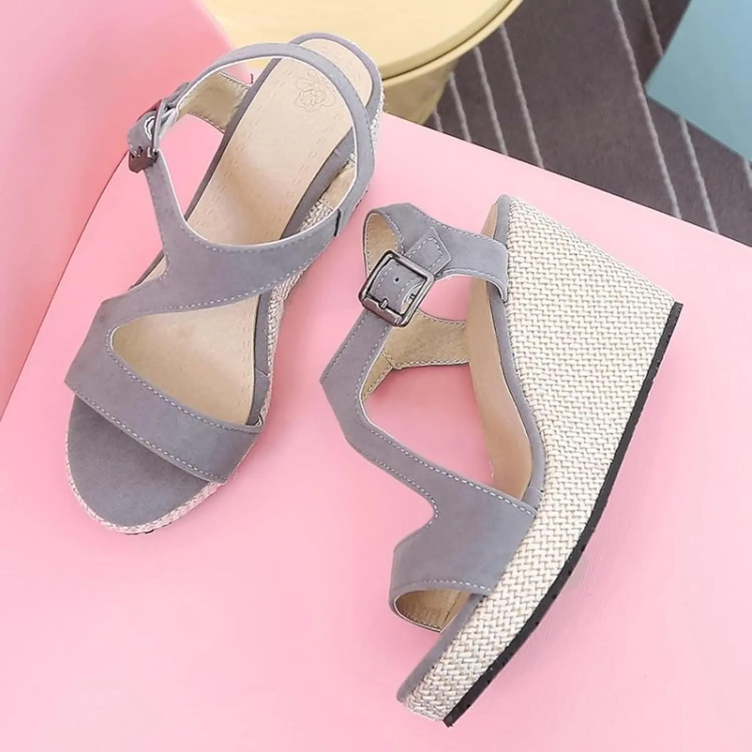 Women's Wedge Sandals with Ankle Straps, Summer Formal Shoes, Open Toed Platform Sandals, Outdoor Canvas Shoes