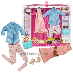 Year 2015 Barbie Fashionistas Series Fashion Pack - DAILY CASUAL OUTFITS DMF55 with Baby Doll Dress, Blue Shirts, Pants, Belt, Purse and Shoes